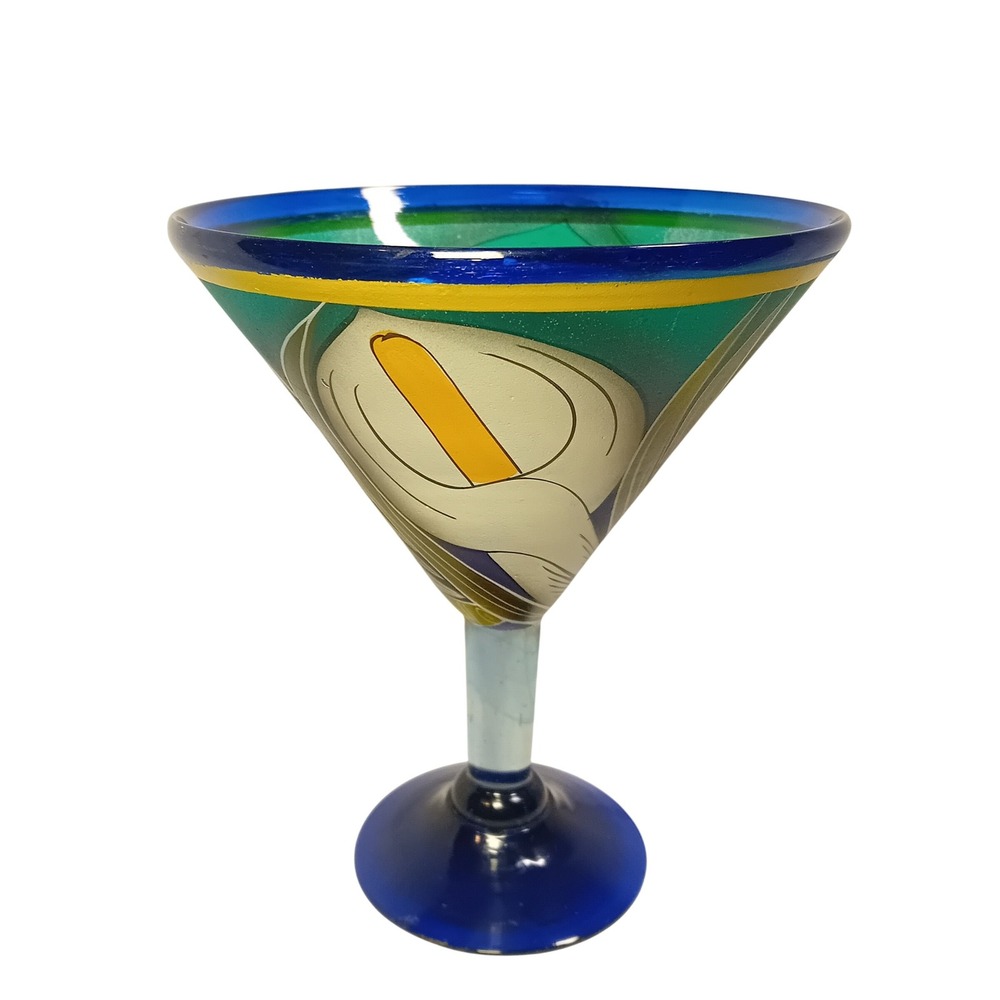 Vintage Mexico‎ Hand Painted Martini Glass Calla Lily Cocktail Drinkware READ